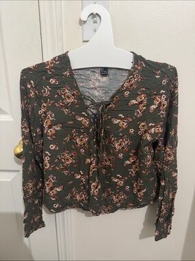 Forever 21 Olive Green Floral Lace-Up Long Sleeve Blouse